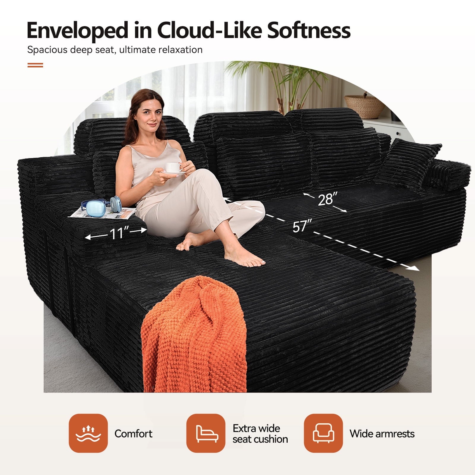 71 High Backrest Sofa for Small Spaces, Compressed Corduroy Couch with Deep Seating for Living Room, Bedroom, Dark Grey