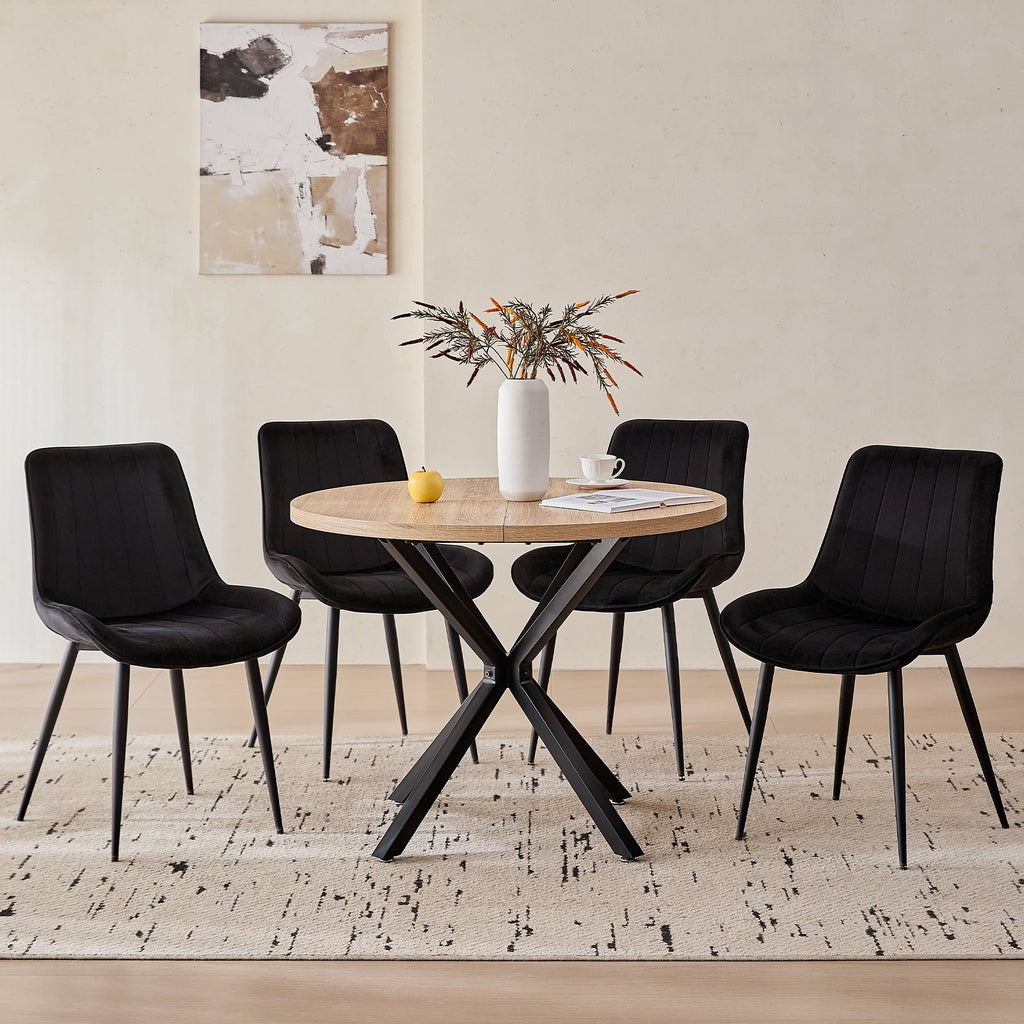 5 Piece 39 Round Dining Table Set for 4, Mid Century Kitchen Table with 4 Khaki Fabric Upholstered Dining Chairs for Apartment Living Room, Space Saving Table.