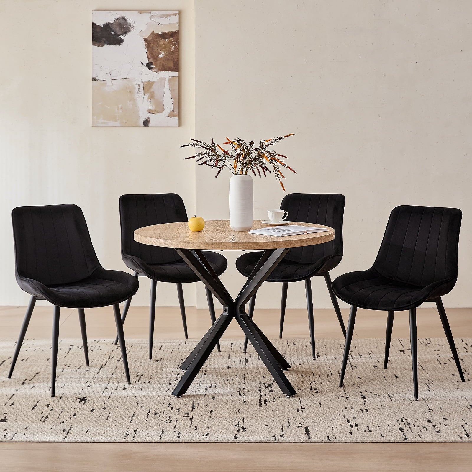 5 Piece 39 Round Dining Table Set for 4, Mid Century Kitchen Table with 4 Khaki Fabric Upholstered Dining Chairs for Apartment Living Room, Space Saving Table.