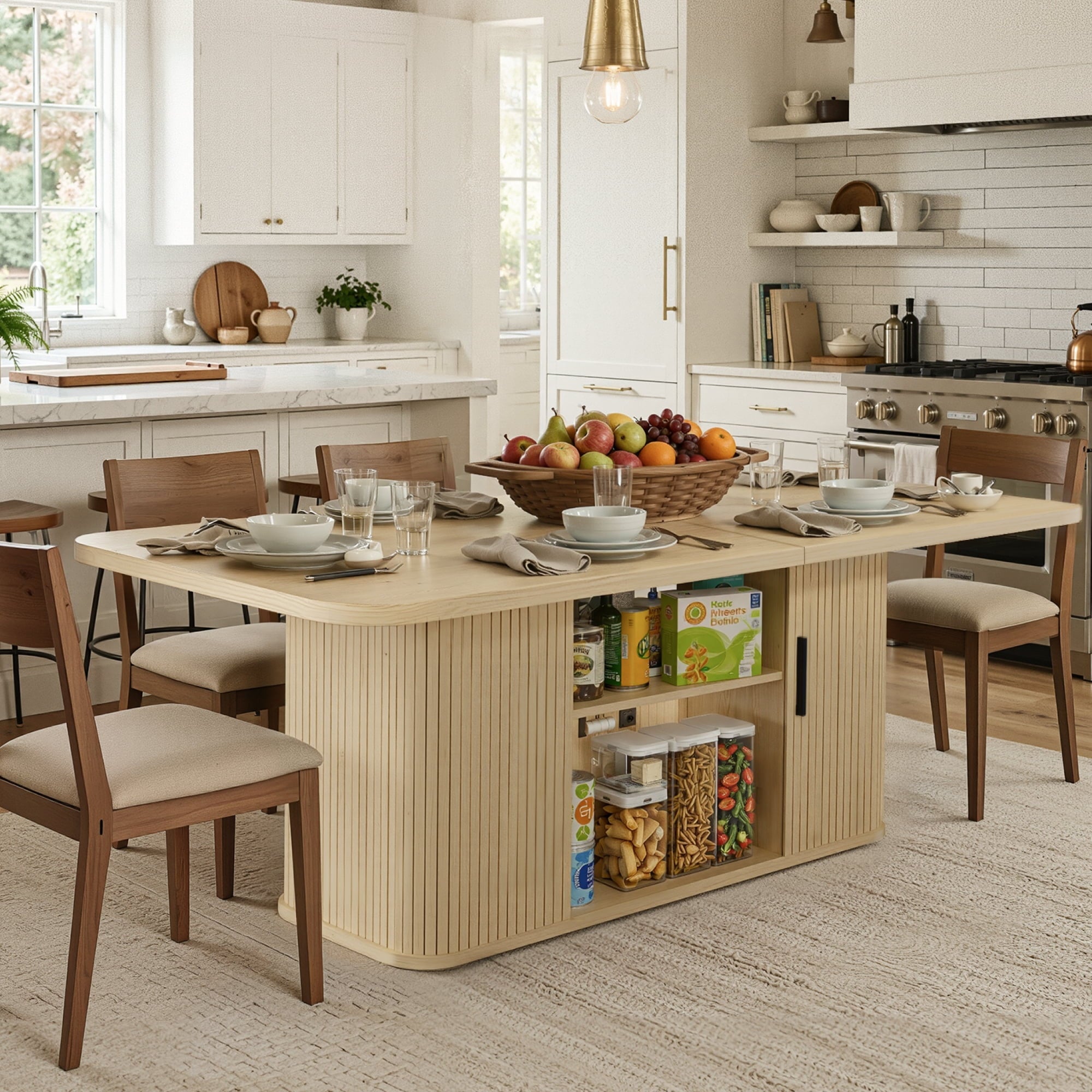 SUNCOZE 70in Dining Table for 4-8, Dining Leisure Table with Storage Shelves, 1.38 Thick Top, Scratch-Resistant, Natural Wood Finish, Multi-Use for Dining Room Kitchen Office, Wood Finish