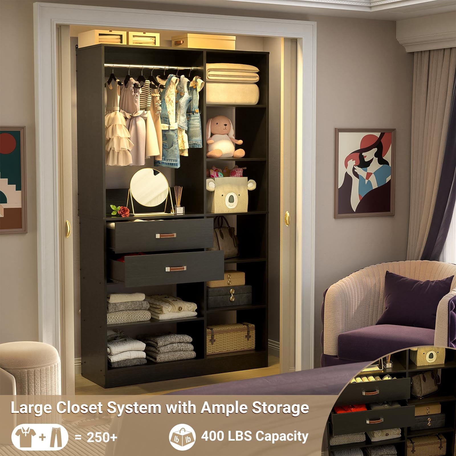 Homieasy 39.4'' W Closet System with Wooden Drawers and Hanging Rods, White