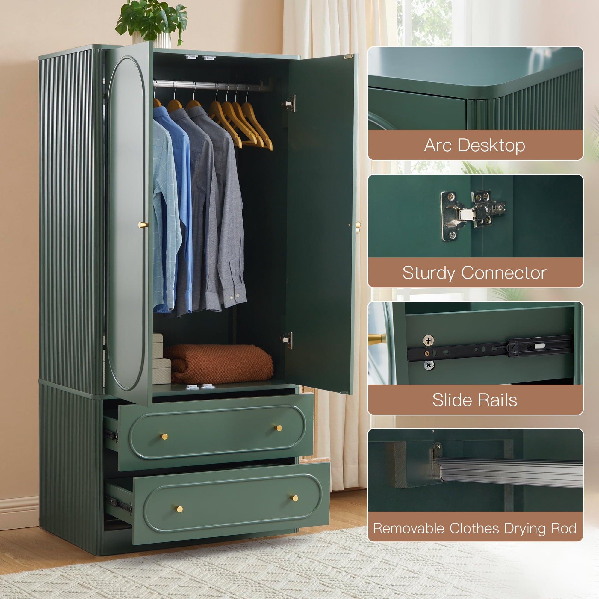 Wirrytor Freestanding Wooden Armoire Wardrobe with 2 Woven Doors and Storage Drawers, Space-Saving Closet Cabinet for Bedroom, Sturdy Mdf Board Closet with Hanging Rail