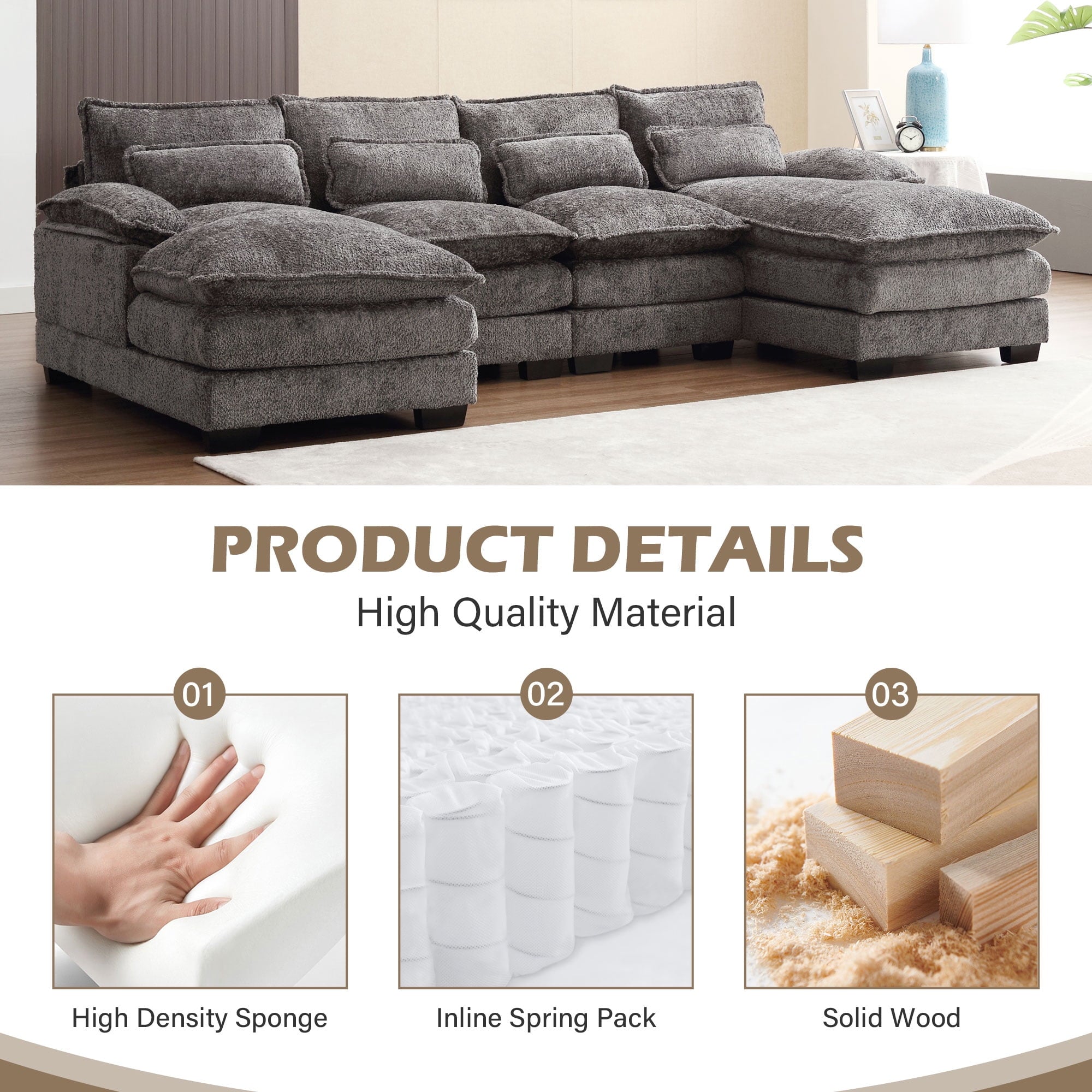 JONPONY109.45 U Shaped Couch,Oversized 4 Seat Sectional with 4 Waist Pillows, Convertible Upholstery Symmetrical Sofá,Sleeper Sofa Couch with Double Chaise Lounge &Memory Foam for Living Room, Beige
