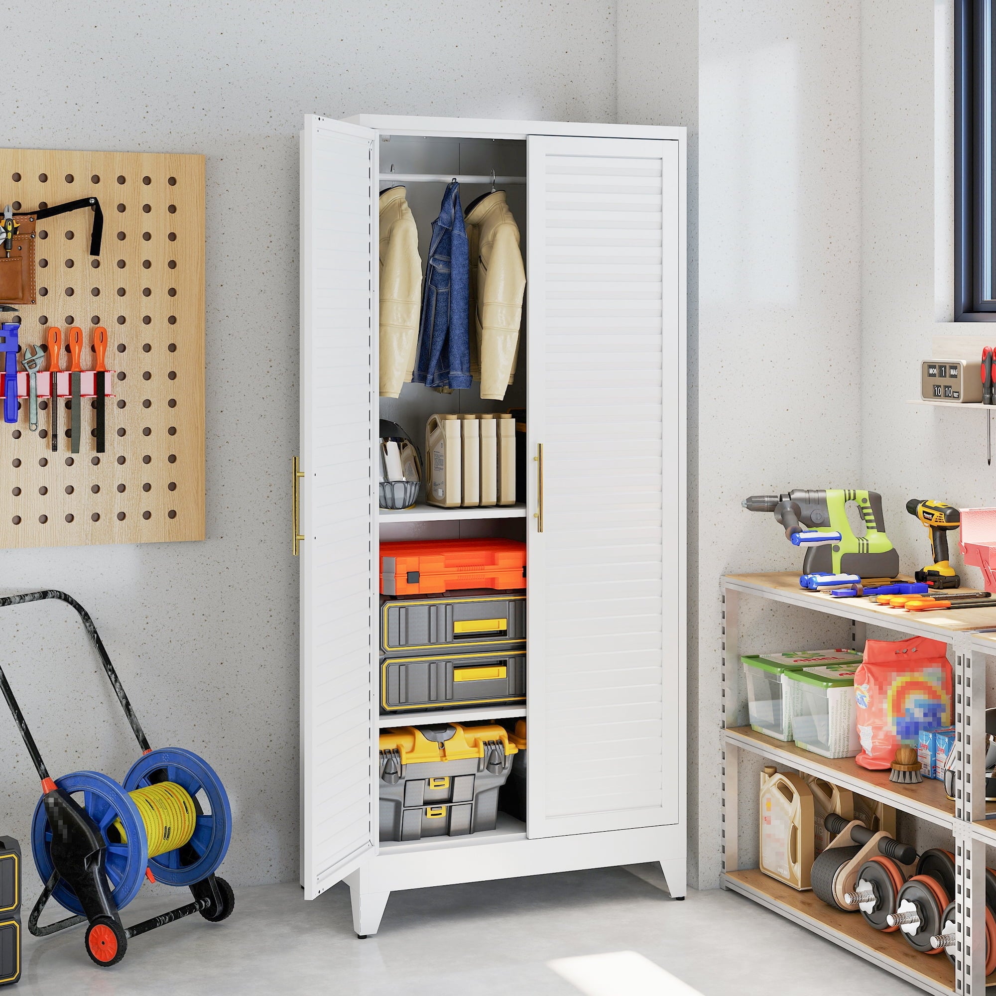AISWORD 60 Tall Metal Wardrobe Cabinet with 1 Drawer and Hanging Rod, 2 Doors Closet with Adjustable Shelf, White
