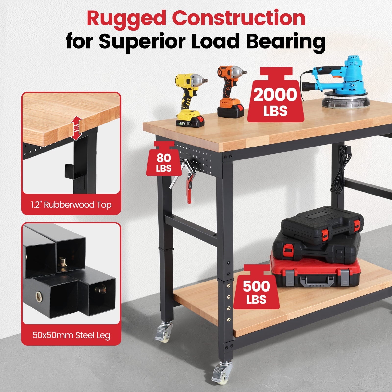 Workbench for Garage,ENJOYWOOD Heavy Duty 48 inch 2 Tier Wood Work Bench with Rolling Wheels and Power Outlets,Rubber Wood Tabletop,2000 LBS Load Bearing Workstation Garage Desk Table Worktable