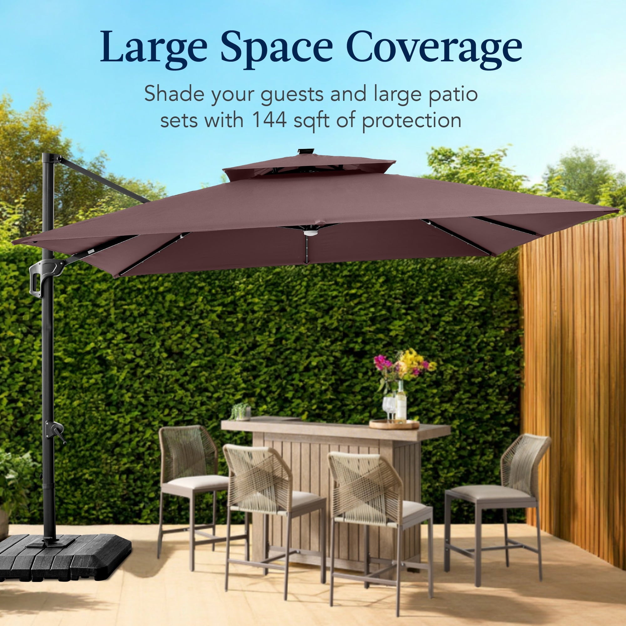 Best Choice Products 12x12ft 2-Tier Square Outdoor Solar LED Cantilever Umbrella w/ 360-Rotating Base   Gray
