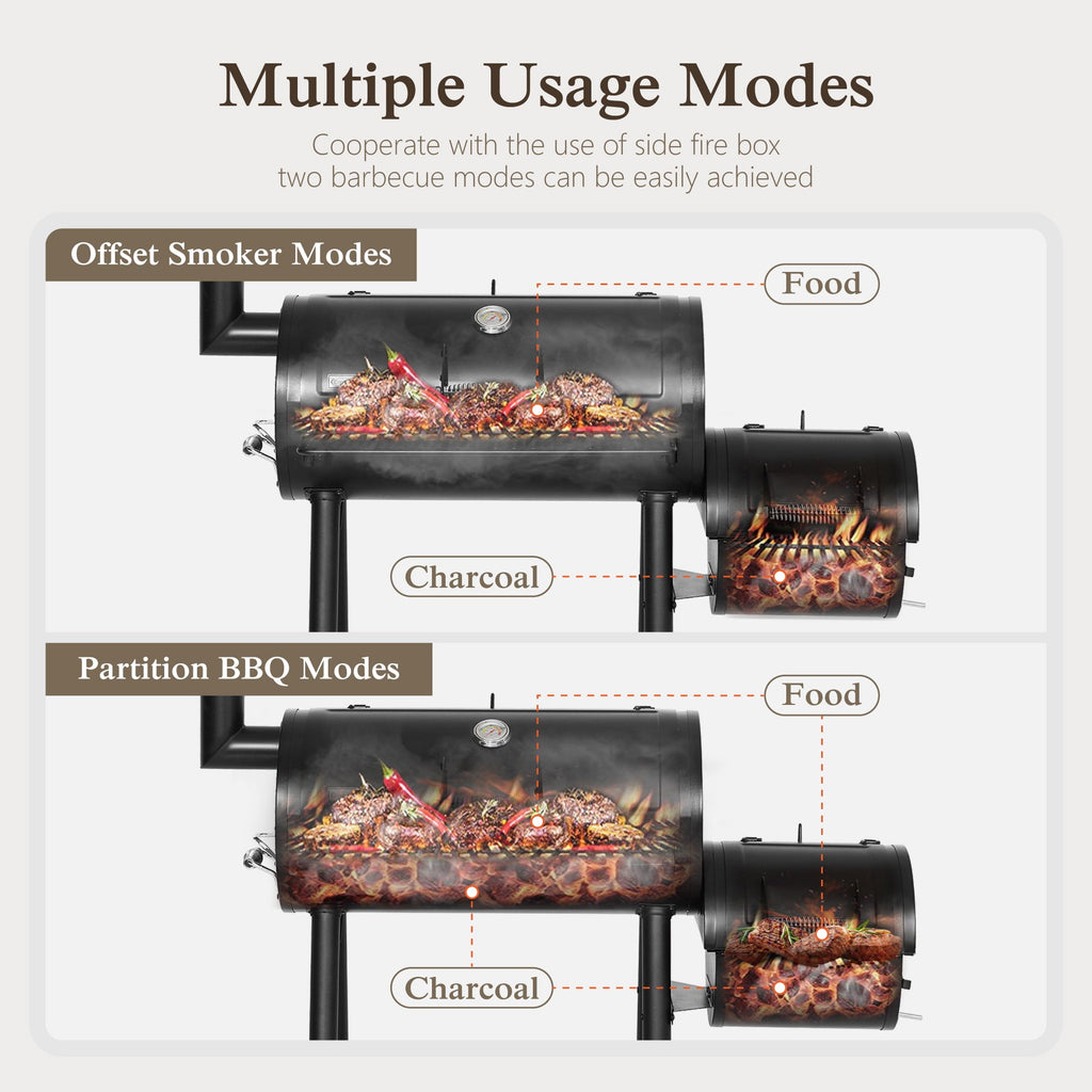 Alpha Joy Steel BBQ Charcoal Grill with Offset Smoker in Black
