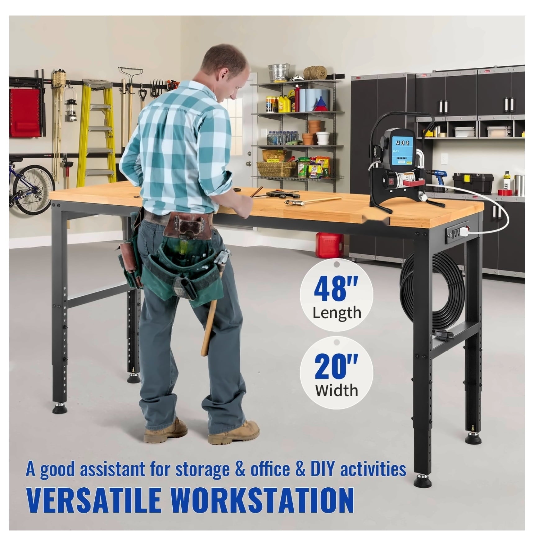 Adjustable Height Workbench 48x20, 2000 LBS Capacity Garage Work Table w/Power Outlets, Hardwood Top & Metal Frame, for Office Home DIY Projects