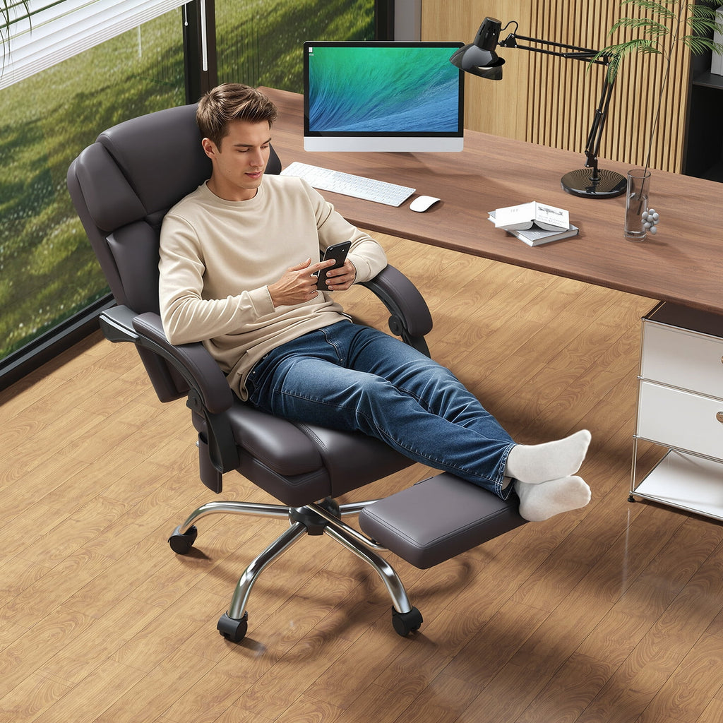 HOMREST Ergonomic Office Chair with 6-Point Massage & Heating, Adjustable Executive Desk Chair with Retractable Footrest, PU Leather Home Office Desk Chair for Home & Office (Black)