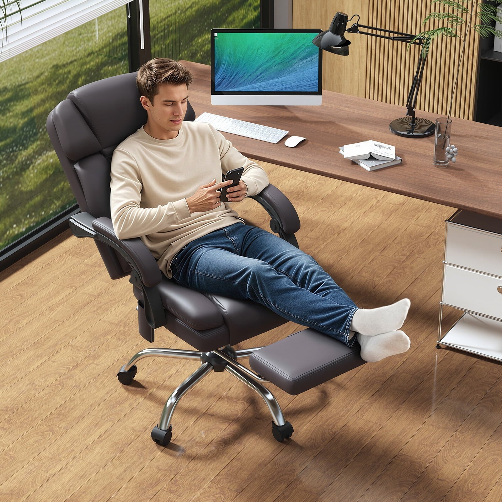 HOMREST Ergonomic Office Chair with 6-Point Massage & Heating, Adjustable Executive Desk Chair with Retractable Footrest, PU Leather Home Office Desk Chair for Home & Office (Black)