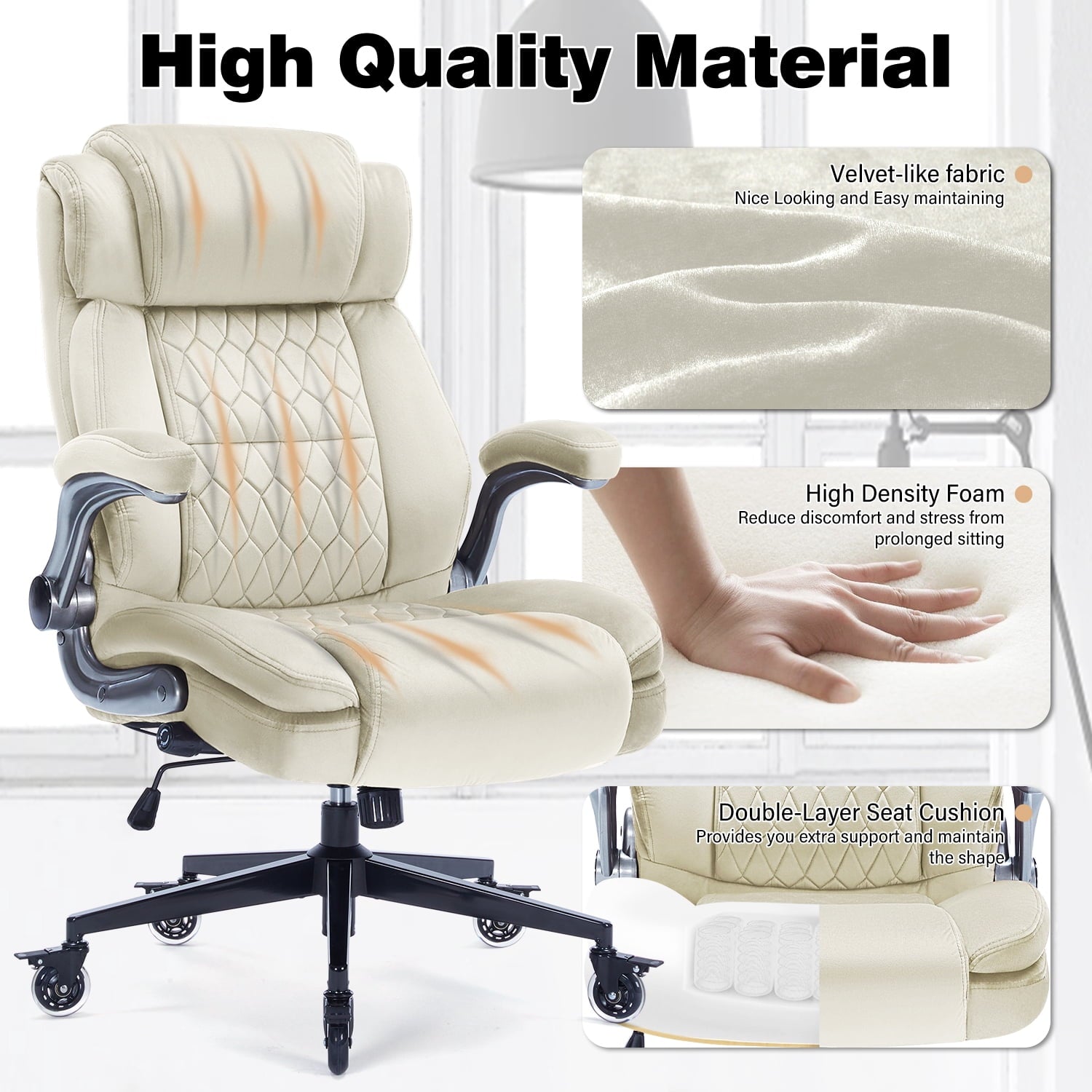 High Back Office Chair with Lockable Wheels, 400lbs Large Fabric Executive Desk Chair, Adjustable Lumbar Support Flip up Arms, Ergonomic Home Office Computer Chair with Storage Pocket, Black