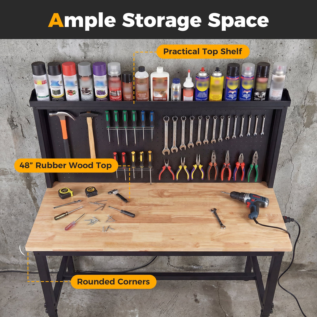 Gymax 48'' Heavy Duty Workbench w/ AC/USB Outlets and Pegboard Max Load 2000 LBS