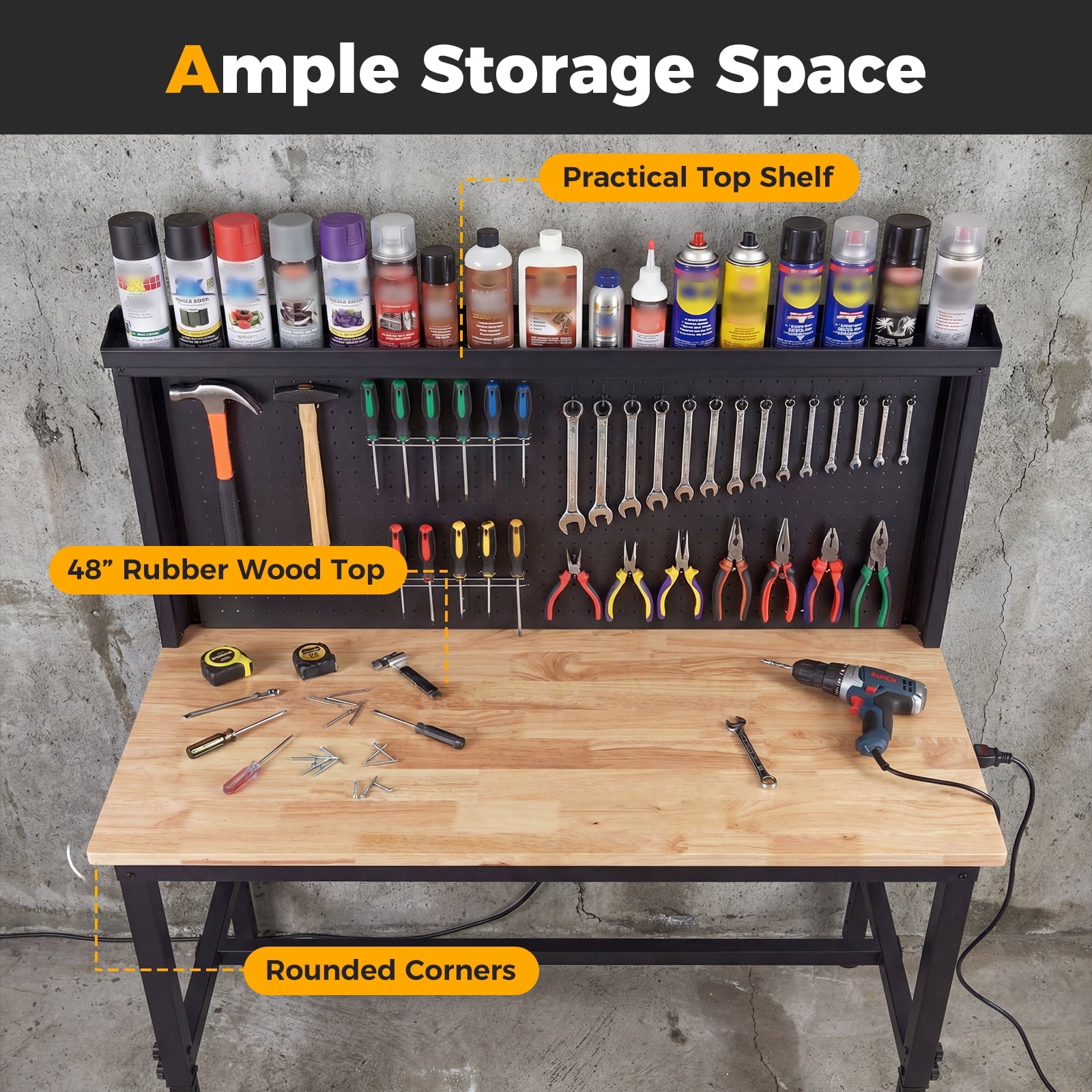 Gymax 48'' Heavy Duty Workbench w/ AC/USB Outlets and Pegboard Max Load 2000 LBS