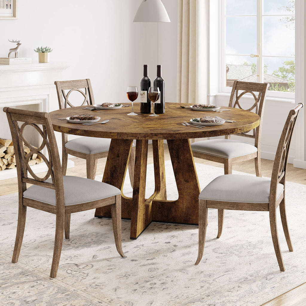 47'' Round Large Dining Table Set for 4 to 6,Mid Century Wood Dinner Table with Wide Tabletop and Cross Base,Dining Room Table for Home Dining Room or Living Room (No Chairs)
