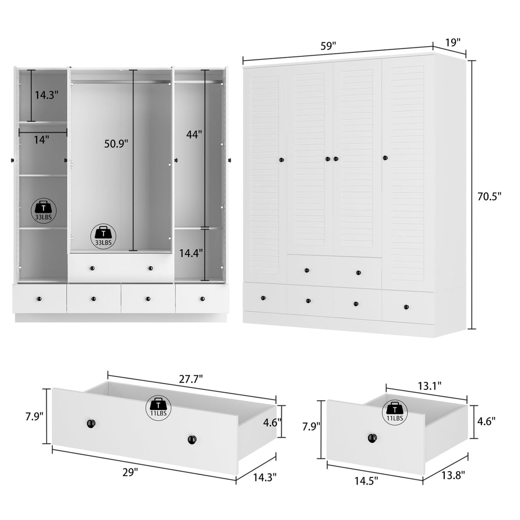 OxyLife 2 Door Wardrobe Armoire, White Closet Storage Organizer with Drawers and Shelves