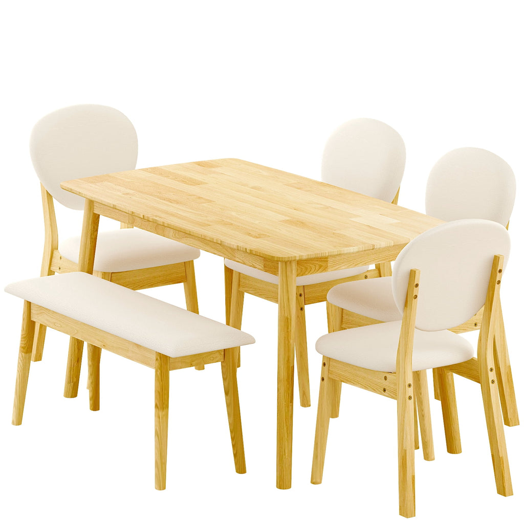 Ktaxon Solid Wood Dining Table Set for 6, Mid-Century Dining Room Table with 4 Padded Chairs & Bench, 47.3 Dining Room Set for 4~6 Family Use, Natural Wood