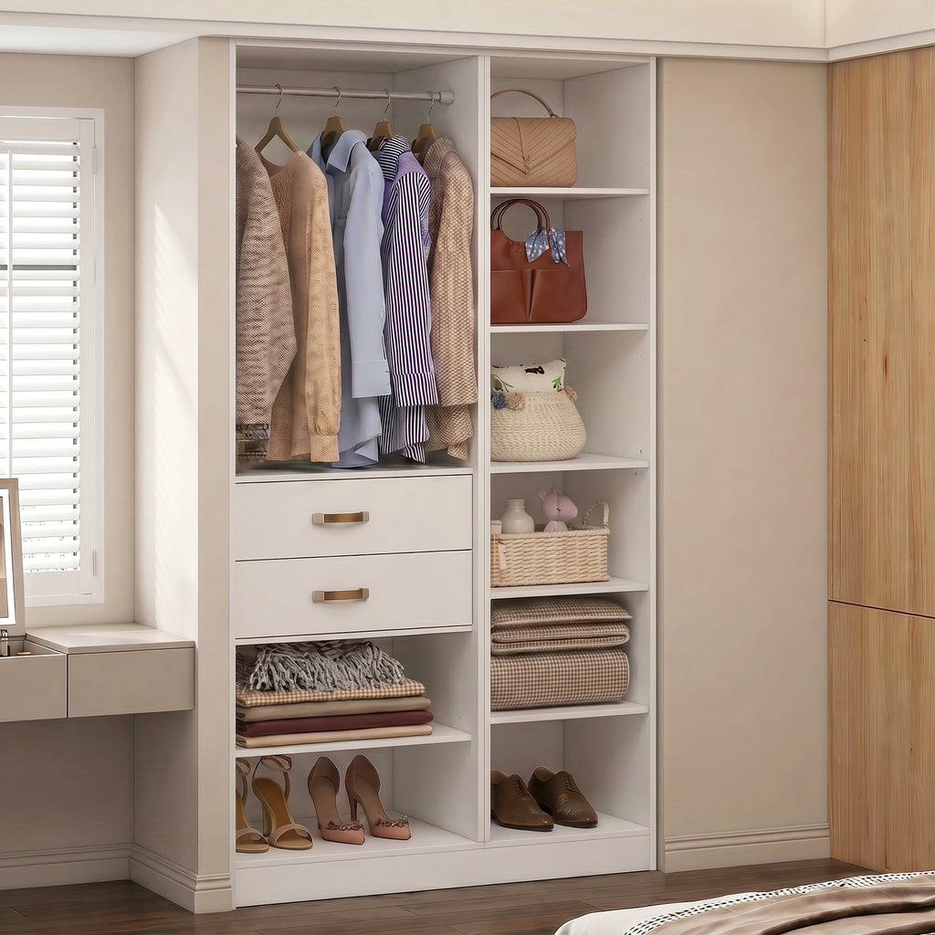 Homieasy 39.4'' W Closet System with Wooden Drawers and Hanging Rods, White
