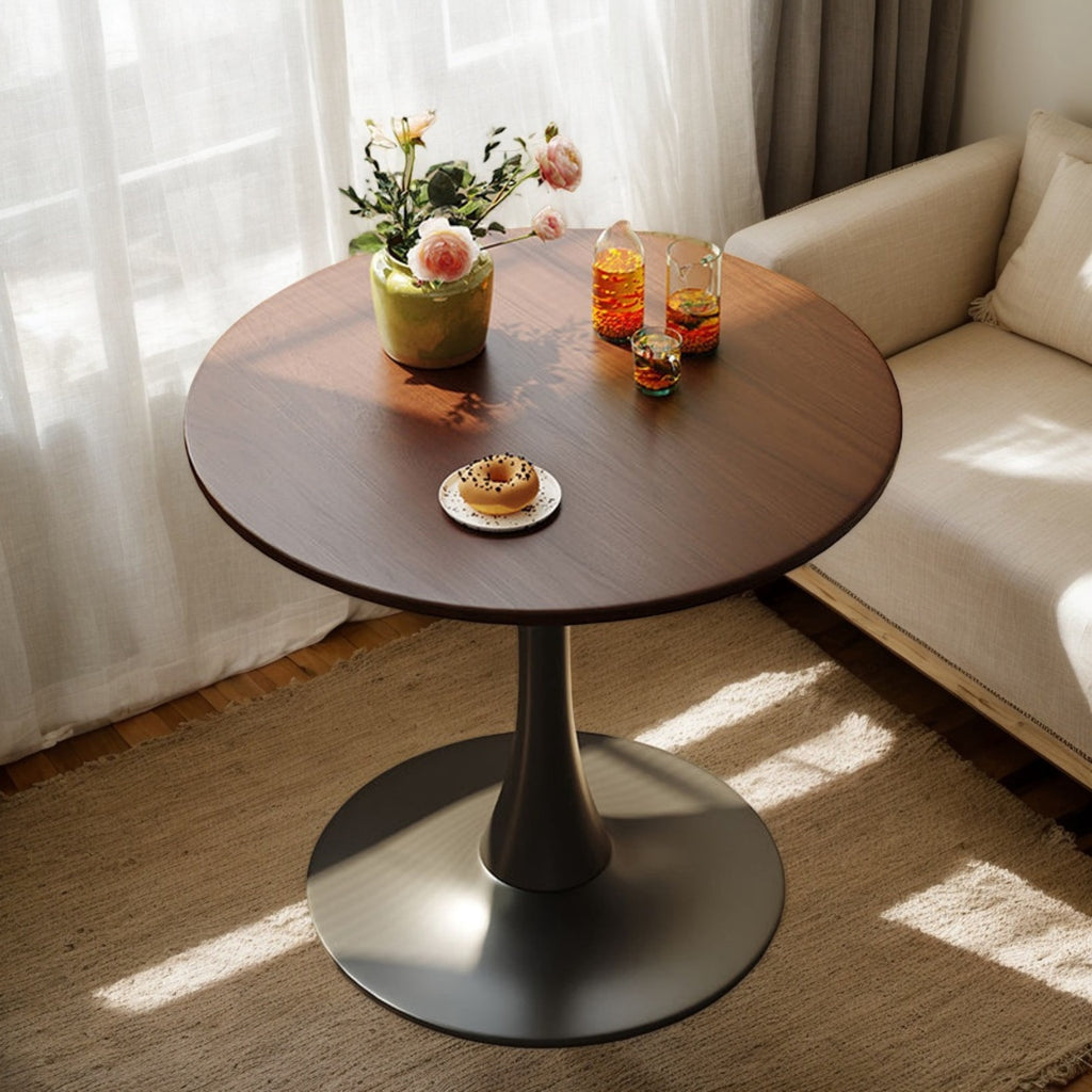 GDF Studio 24 Round Modern Dining Table, Wooden Top Tulip Table with Steel Pedestal Base, Kitchen Table, Walnut
