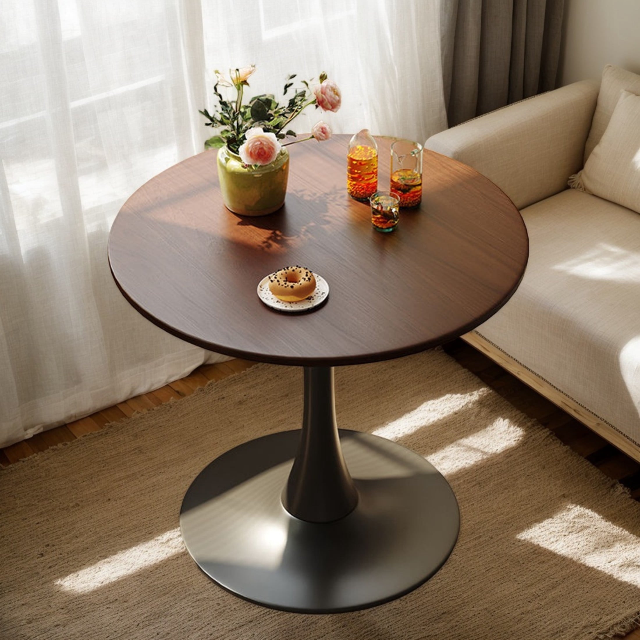 GDF Studio 24 Round Modern Dining Table, Wooden Top Tulip Table with Steel Pedestal Base, Kitchen Table, Walnut