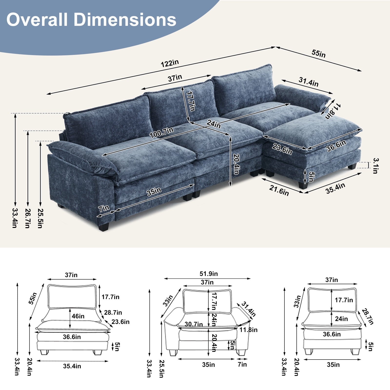 Ktaxon Sectional Sofa L Shaped Couch with Chaise Living Room Sleeper Set, 2 Seats with Chenille and Double Layer Cushions 86 W Beige