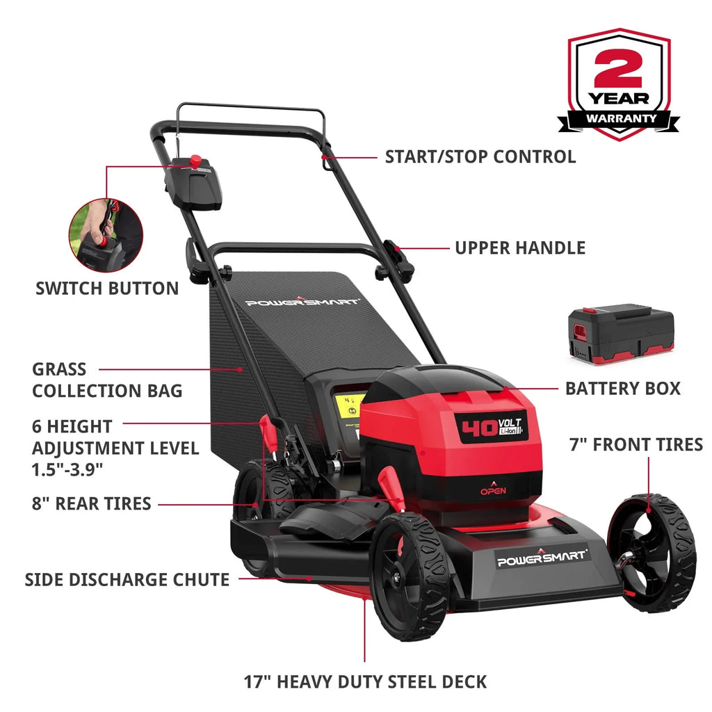 PowerSmart 40V 4.0Ah 17 Cordless Push Lawn Mower, with 3-in-1 Options
