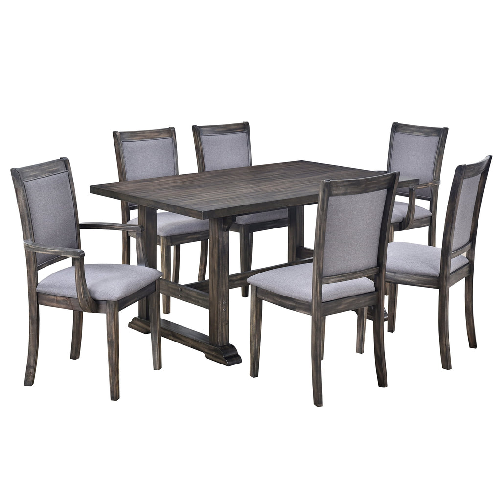 Harper & Bright Designs 7 Pieces Retro Dining Set for 6, Wood Rectangular Table with Designed Trestle Base and 6 Upholstered Chairs for Dining Room and Kitchen, Grey