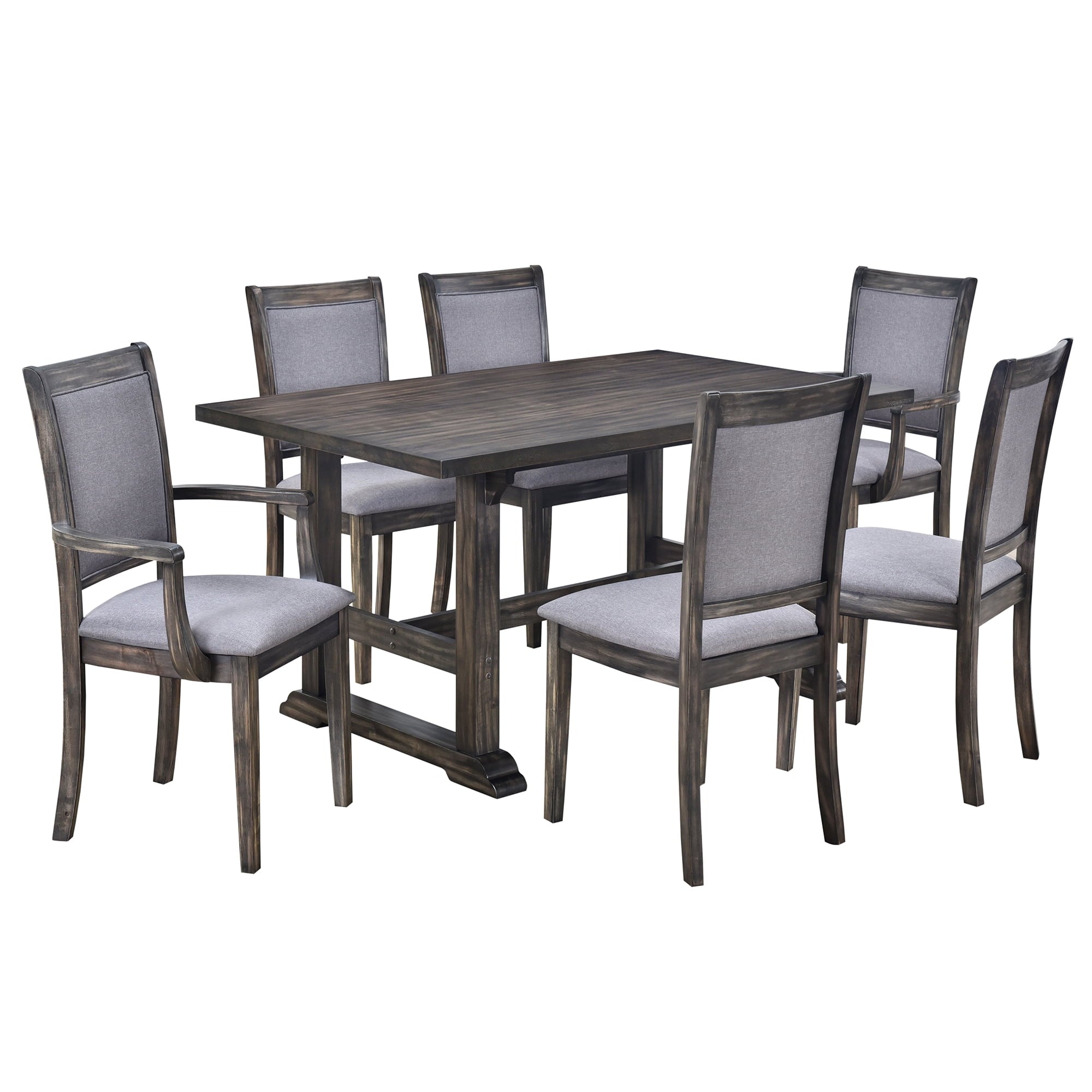 Harper & Bright Designs 7 Pieces Retro Dining Set for 6, Wood Rectangular Table with Designed Trestle Base and 6 Upholstered Chairs for Dining Room and Kitchen, Grey