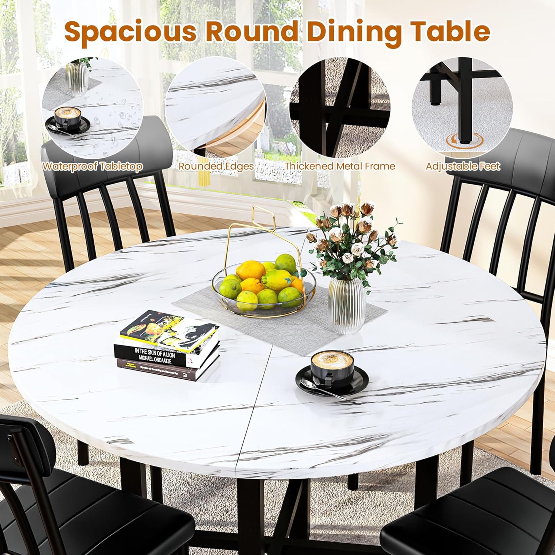 LinkRomat Round Dining Table Set for 4, Modern Dining Room Sets with 4 Faux Leather Chairs, Kitchen Dinner Wooden Table & Chair Set for Small Space, Grey