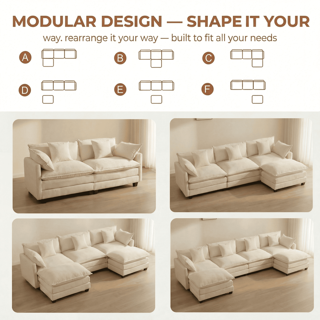 Dioepic Cloud Chenille 3-Seat Living Room Sectional Sofa Modern Cloud Couch 111.4 with Ottoman & 3 Pillows, Grey