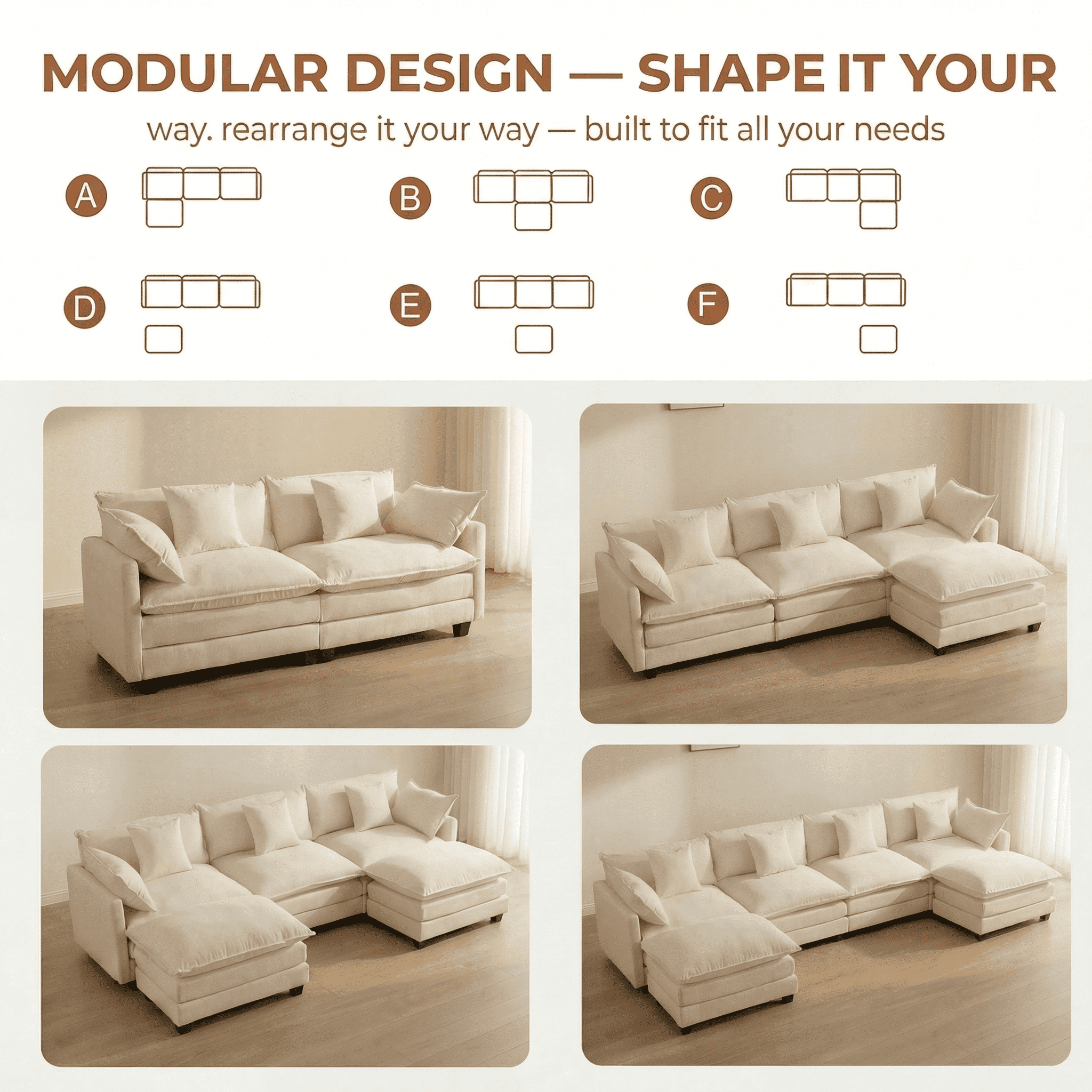 Dioepic Cloud Chenille 3-Seat Living Room Sectional Sofa Modern Cloud Couch 111.4 with Ottoman & 3 Pillows, Grey