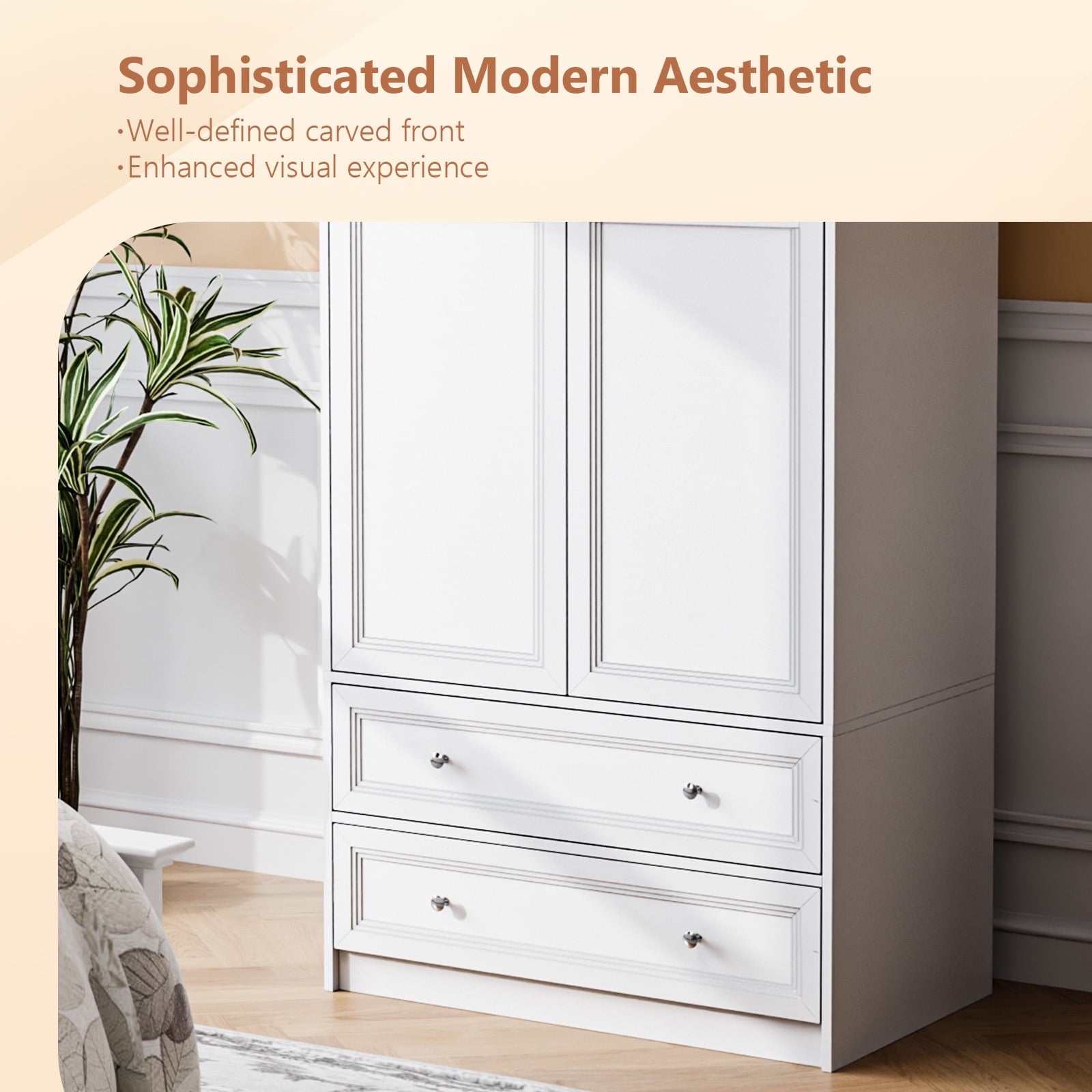 Ktaxon Wardrobe Armoire Closet with Hanging Rod, Modern Drawer & Shelf – Elegant White Finish Closet, Farmhouse to Mid-Century Style