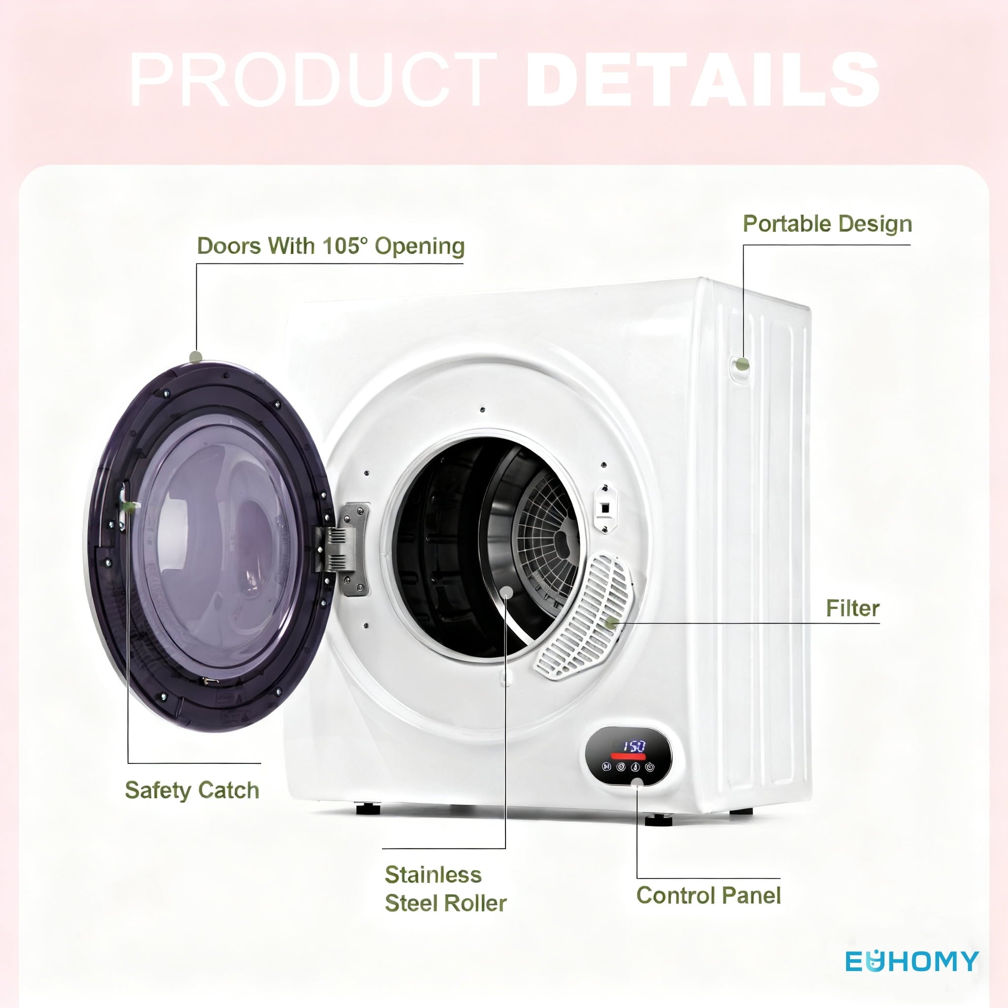 EUHOMY Compact Dryer for Standard Wall Outlet, Small, 4 Modes, 2.6 Cu. Ft Portable Clothes Dryer, White