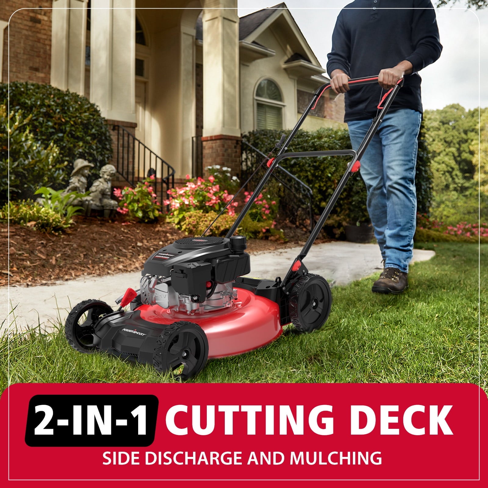 PowerSmart Gas Lawn Mower, 21 inches 144cc 2-in-1 Walk-Behind , Side Discharge Push Lawn Mower