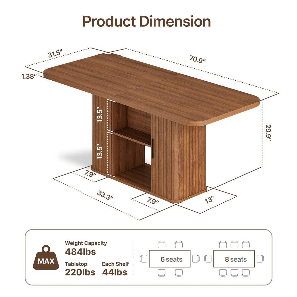 SUNCOZE 70in Dining Table for 4-8, Dining Leisure Table with Storage Shelves, 1.38 Thick Top, Scratch-Resistant, Natural Wood Finish, Multi-Use for Dining Room Kitchen Office, Wood Finish