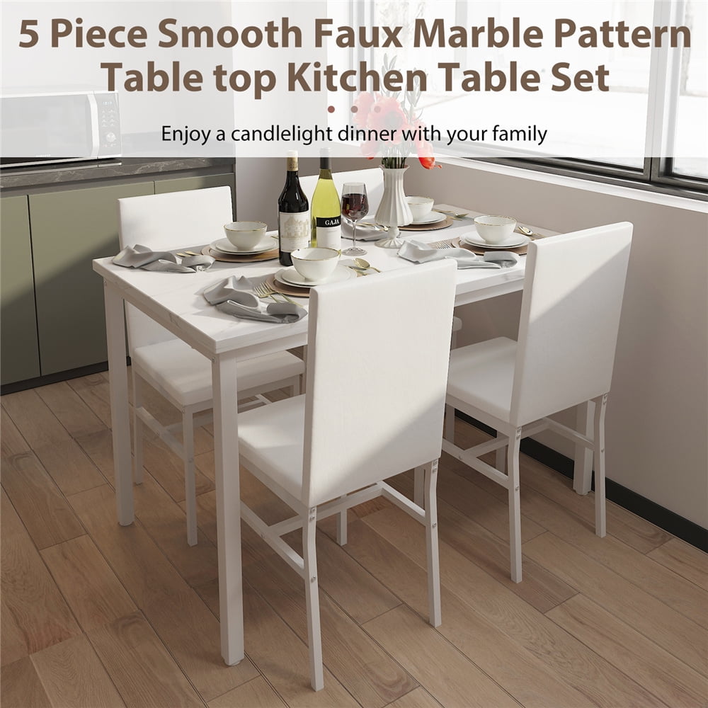 UHOMEPRO Dining Table Set for 4, 5 Piece Dining Room Table Set with Gray Velvet Upholstered Chairs, White Faux Marble Pattern Rectangle Kitchen Table Set for Breakfast Nook Small Space