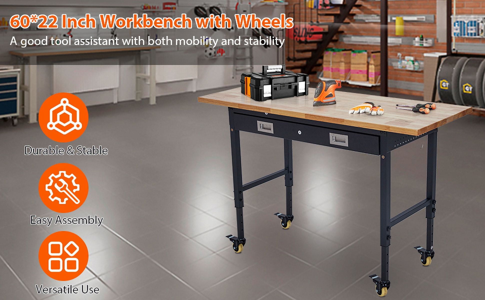 Garvee 60 x 22 in Garage Workbench with Rubber Wood Top & Cold Rolled Steel Structure, Work Bench with Drawer, Power Strip with 9 ft Cord