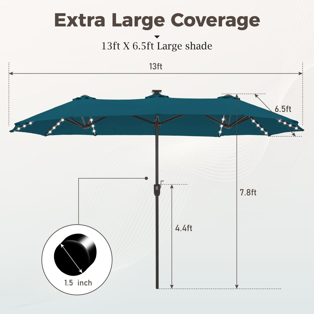 Alpha Joy 13ft Large Double-Sided Outdoor Patio Umbrella with Colorful Solar Lights, Navy Blue