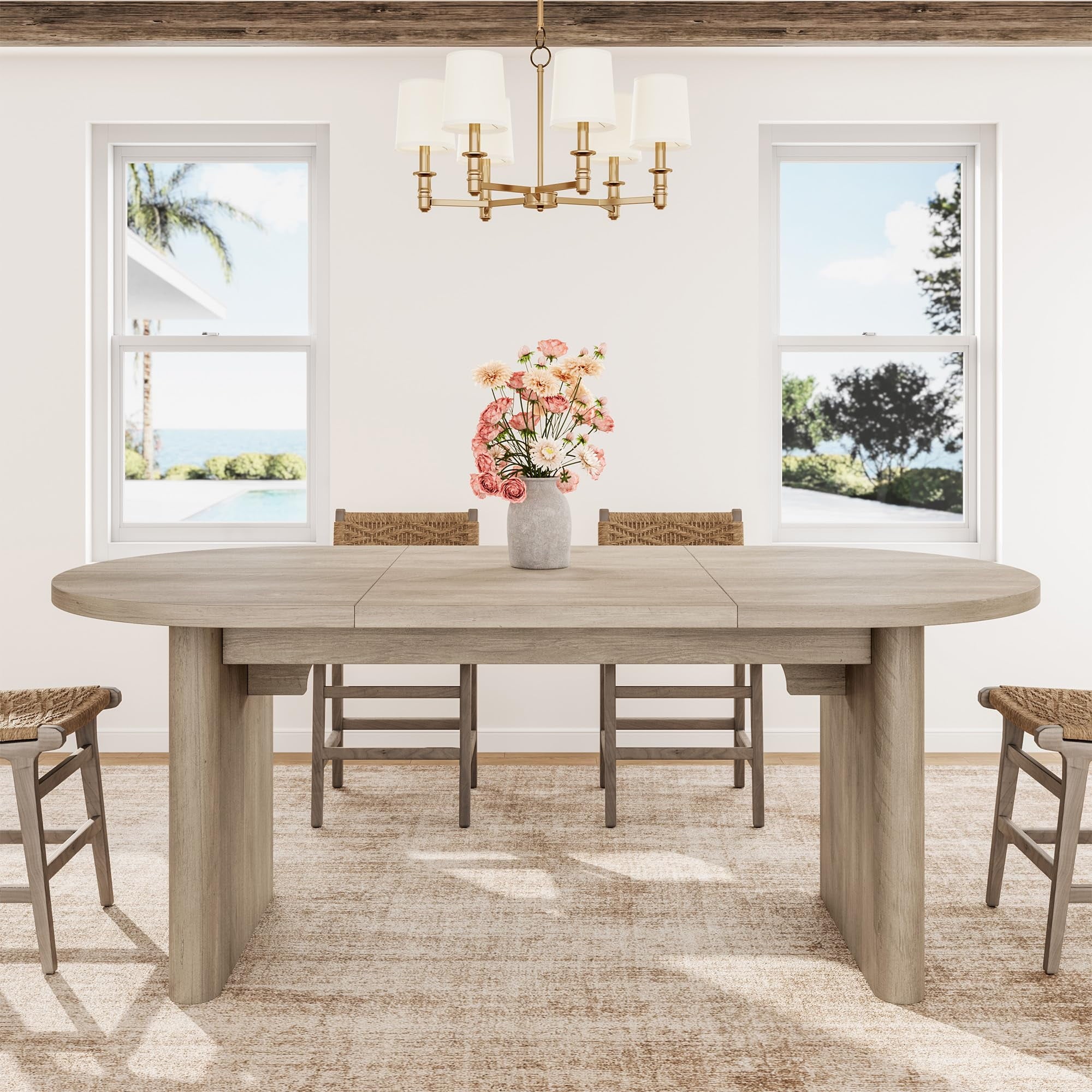 70.8 Inch Oval Farmhouse Dining Table for 6-8 People, Long Large Kitchen Table with Thick Sturdy Wooden Base-Natural