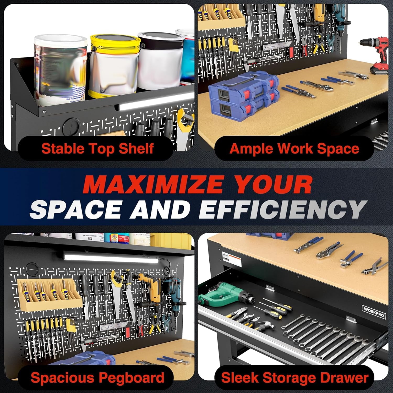 WORKPRO 45 Garage Workbench with Storage, Heavy-Duty Workbench with Pegboard, Power Outlets and Light, 800 LBS Work Bench for Garage, Warehouse, Workshop, Repair Shop