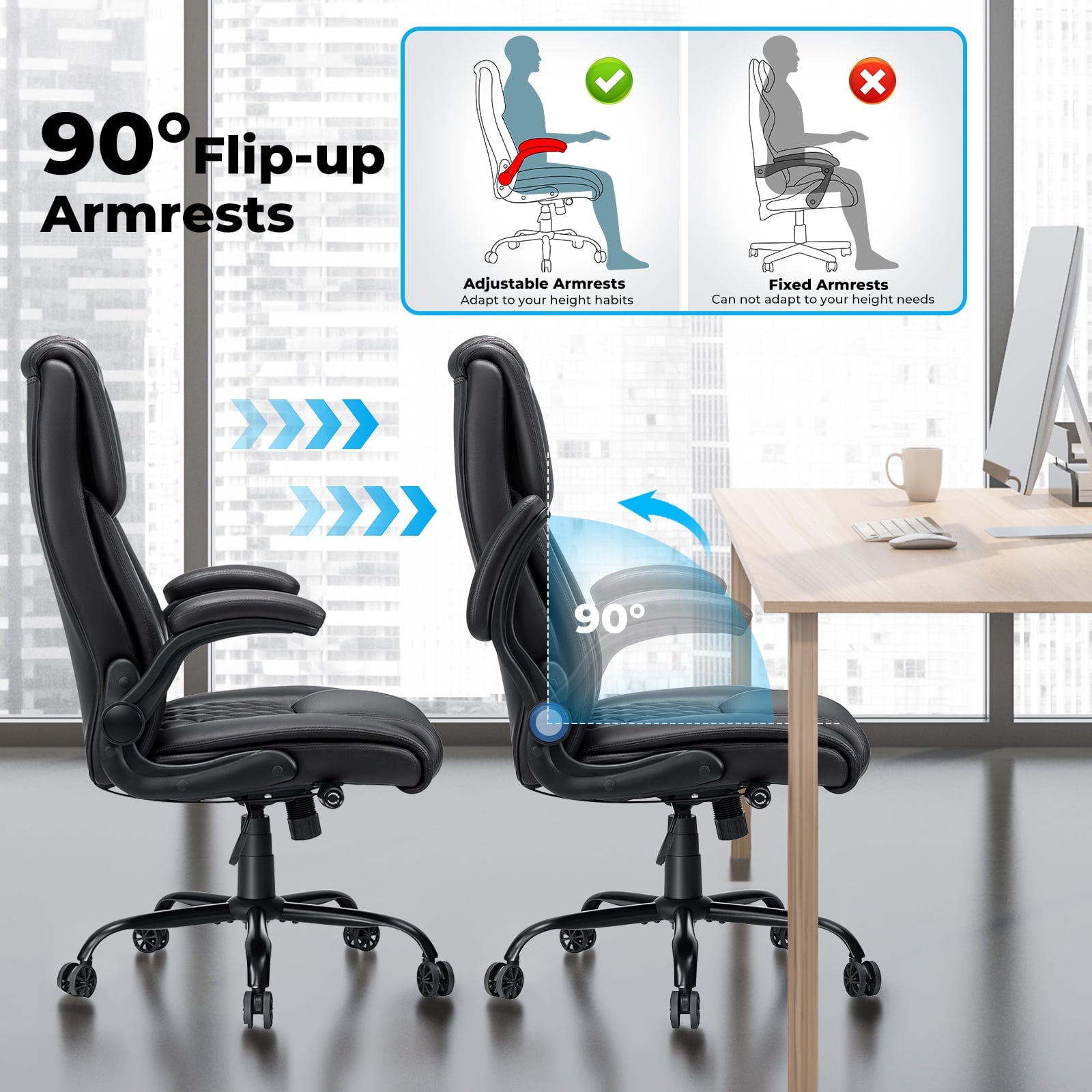 Hoffree Big and Tall Office Chair, 500lbs Executive Desk Chair with Adjustable Lumbar Support Ergonomic Computer Leather Chair with Padded Flip-up Arms for Home Office