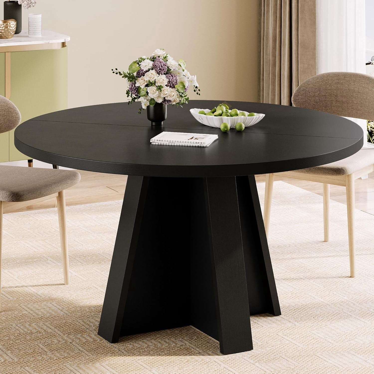 Laisnet 47 Round Dining Table for 6, Modern Wooden Dinner Table for Kitchen Living Room, Black