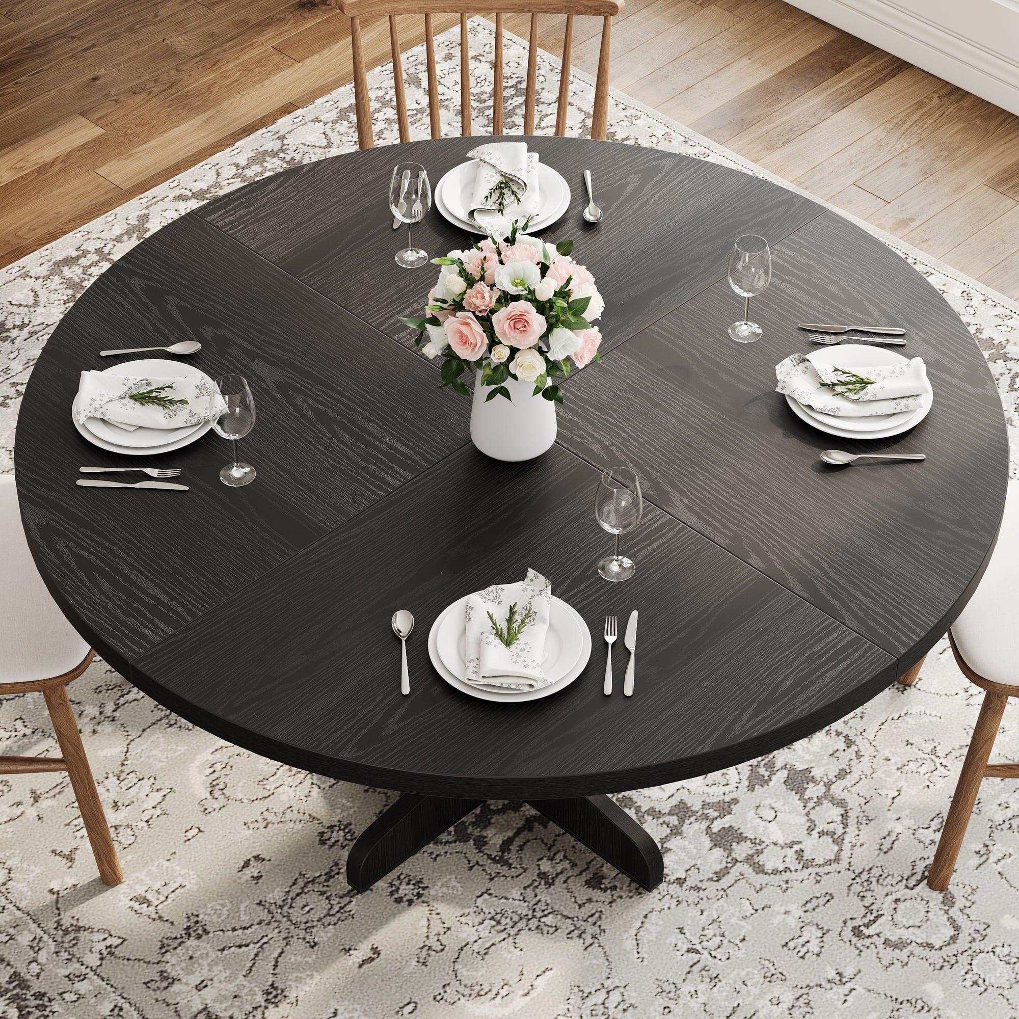 47 Inch Round Dining Table, Wood Kitchen Table, Dinning Room Tables for 4-6 People, Dinner Table with Wooden Tabletop and Legs for Dining Room Living Room (Only Table)