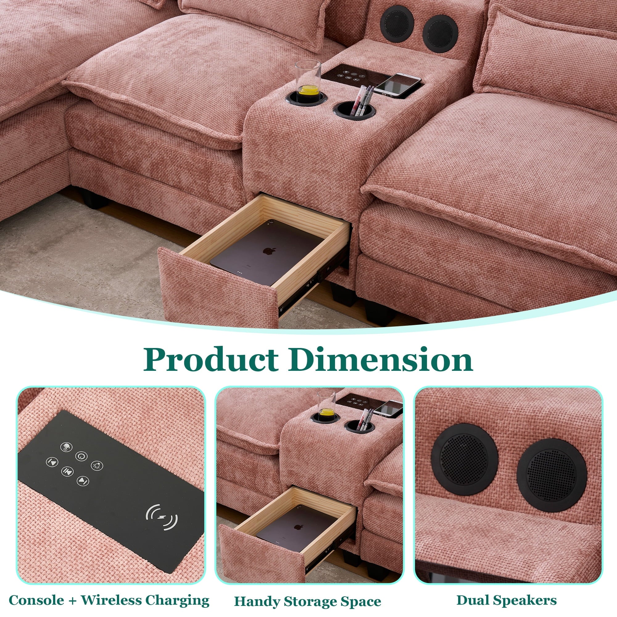 Villeston 126.77 U-Shaped Cloud Sofa With Chaise Lounge, Chenille Sofa With Wireless Charging, Bluetooth Speaker, Two Cup Holders, Storage Drawer, Suitable For Living Room,Gray