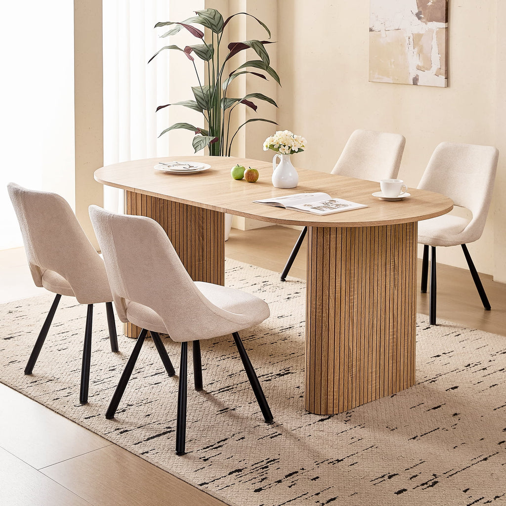 71 Natural Large Dining Table Set for 4 Modern Kitchen Table with Beige Boucle Upholstered Kitchen Chairs Set of 4