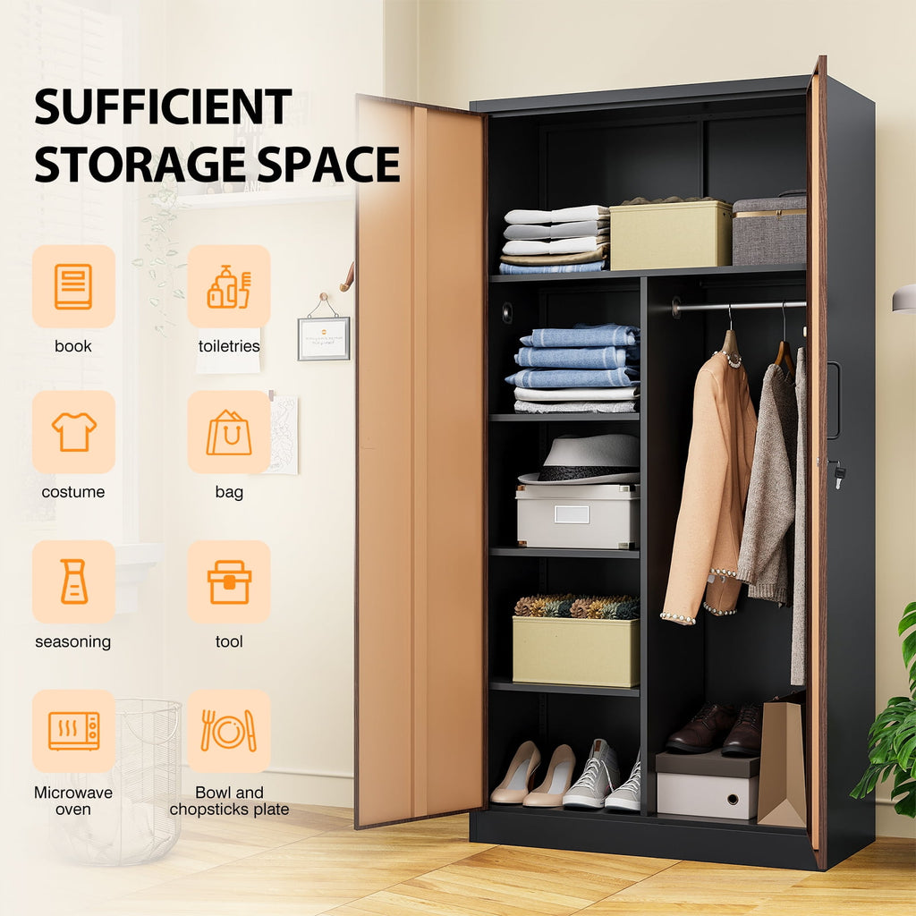 STANI Metal Wardrobe Closet with Hanging Rod, 72 White Armoire Wardrobe Cabinet with Adjustable Shelves, Clothes Storage Organizer Cabinets for Bedroom, Bathroom, Office