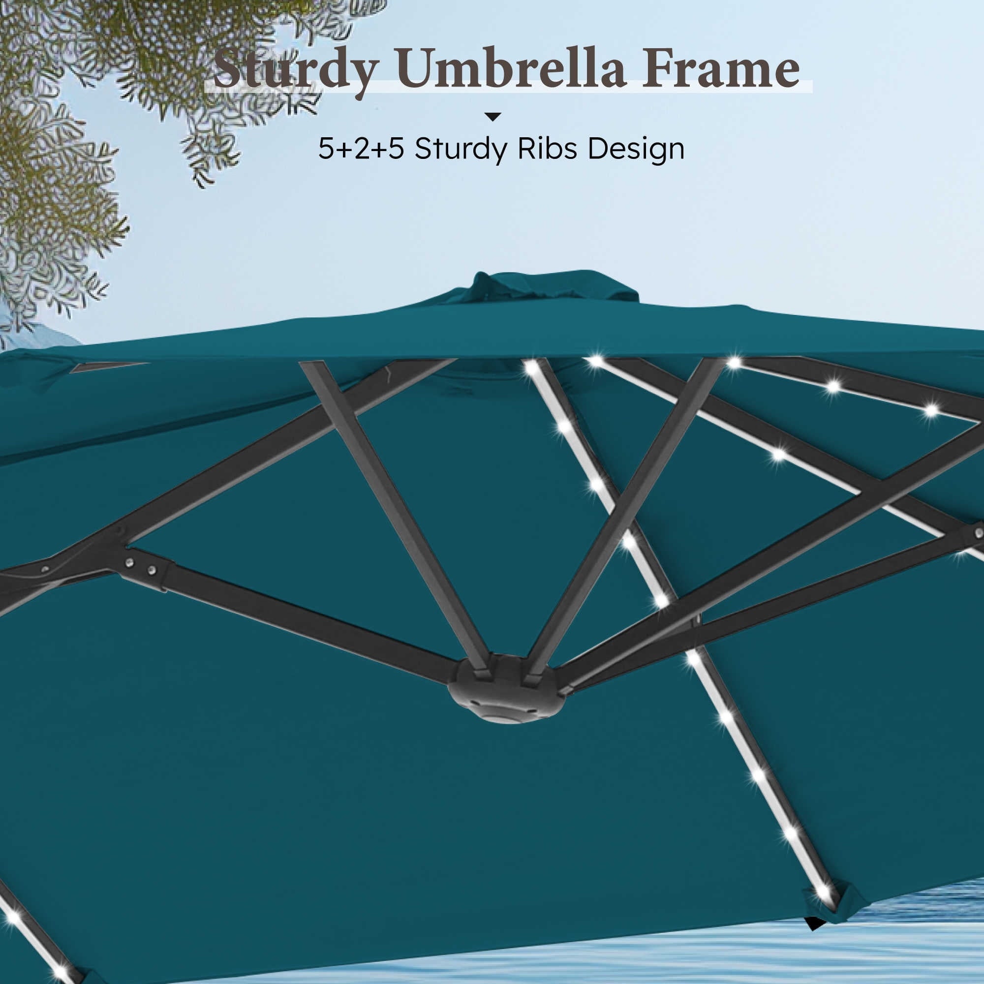 SUMMIT LIVING 13ft Large Patio Umbrella with Multi-Color LED Solar Lights Double-Sided Rectangular Outdoor Table Umbrella – Beige