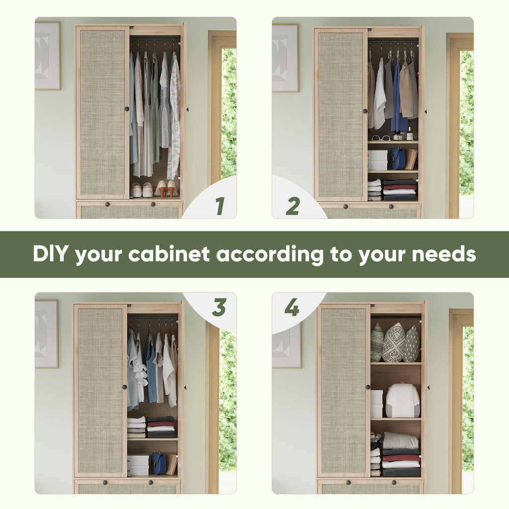 Brafabhome 67H Fluted Armoire Wardrobe Closet with Drawer, Wooden 2 Doors Wardrobe Cabinet with Hanging Rod & Adjustable Shelf for Bedroom | Nature