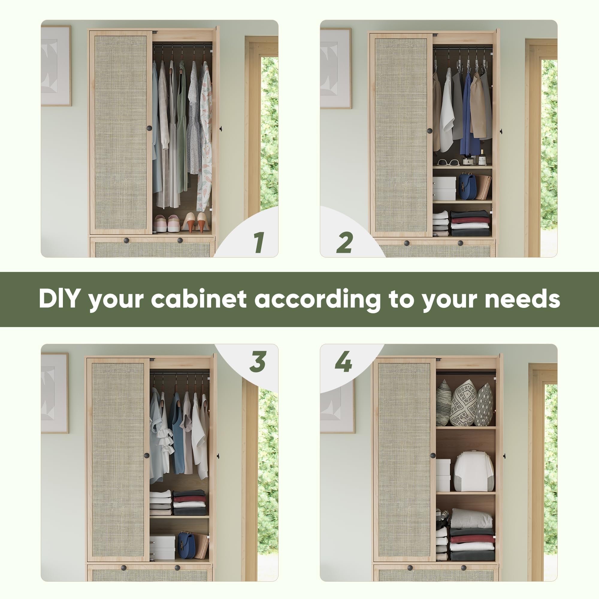 Brafabhome 67H Fluted Armoire Wardrobe Closet with Drawer, Wooden 2 Doors Wardrobe Cabinet with Hanging Rod & Adjustable Shelf for Bedroom | Nature