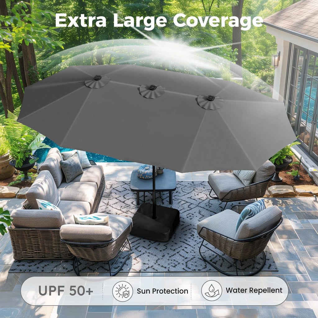 Alpha Joy 15ft Extra Large Outdoor Patio Double-Sided Umbrella with LED Solar Lights & Umbrella Base, Beige