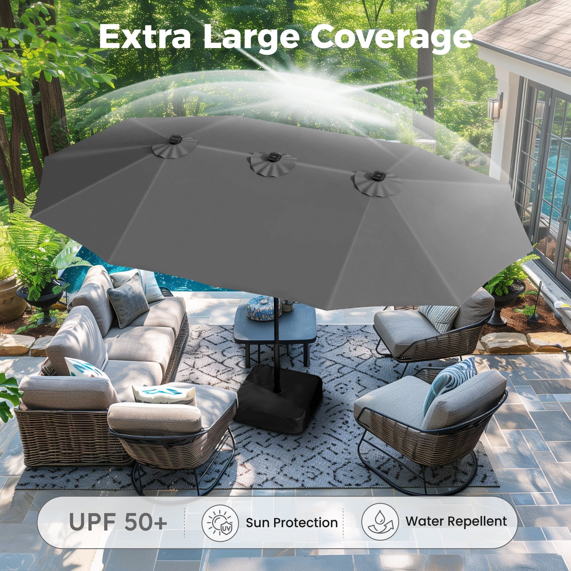 Alpha Joy 15ft Extra Large Outdoor Patio Double-Sided Umbrella with LED Solar Lights & Umbrella Base, Beige